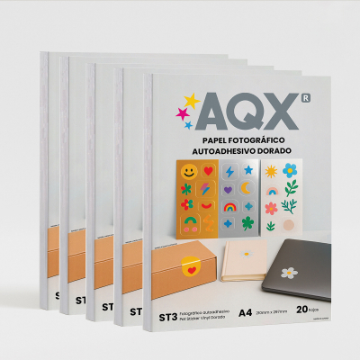 Combo Resma Papel Foto Dorado PET Autoadhesivo A4 por 100 Hojas AQX ST3