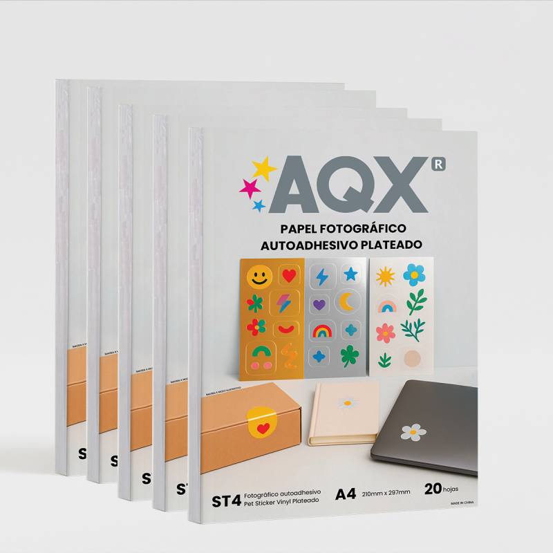 Combo Resma Papel Foto Plateado PET Autoadhesivo A4 por 100 Hojas AQX ST4