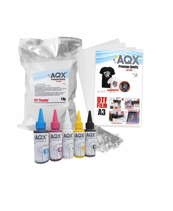 Combo DTF: Tinta 500ml + 1Kg Polvo DTF + 100 Film A3 Matte
