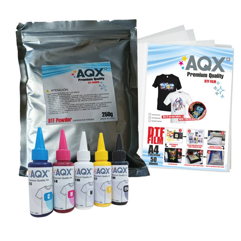 Combo DTF: Tinta 500ml + 250g Polvo DTF + 50 Film A4 Matte