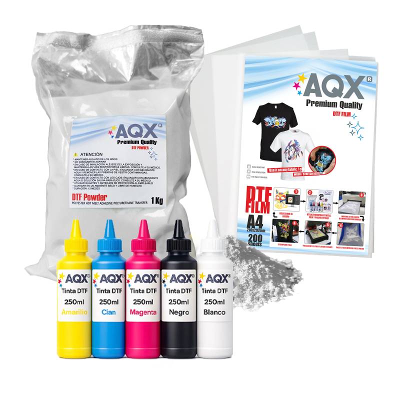 Combo DTF: Tinta 1250ml + 1Kg Polvo DTF + 200 Film A4 Glossy
