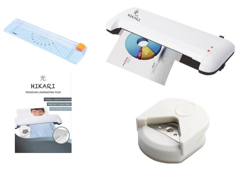 Laminadora + Mini Guillotina Trimmer + Redondeadora de Puntas R4 Blanca + Films A4
