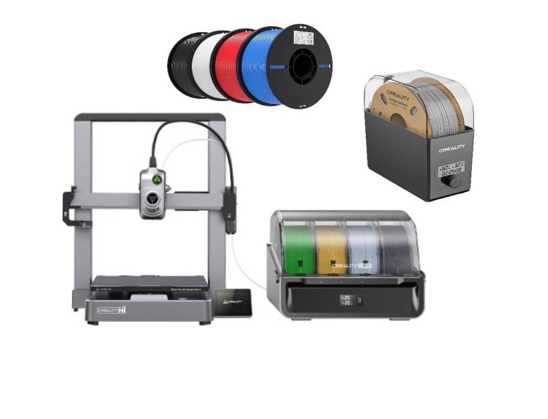 Combo Impresora 3D Creality Hi Combo Multifilamento + Secadora de Filamento Creality Dry Box SpacePi SE + Pack Filamentos x 4kg 1,75mm - Blanco, Negro, Azul y R